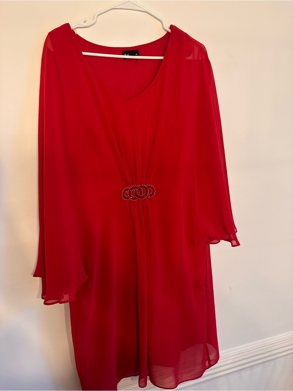 Karina Red Chiffon Dress Size 10 Rhinestone Waist Flutter Sleeve Formal